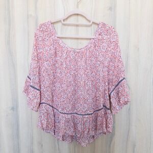 Democracy Womens Blouse Size S Coral Paisley Boho Bell Sleeve Cottage Peasant